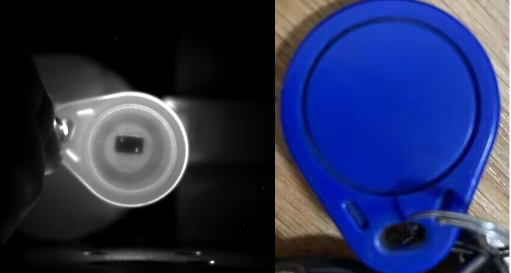图 | （a）常用钥匙门禁在有机红外光源 OLEDs 下的成像照片；（b）该钥匙门禁的可见光照片。（来源：